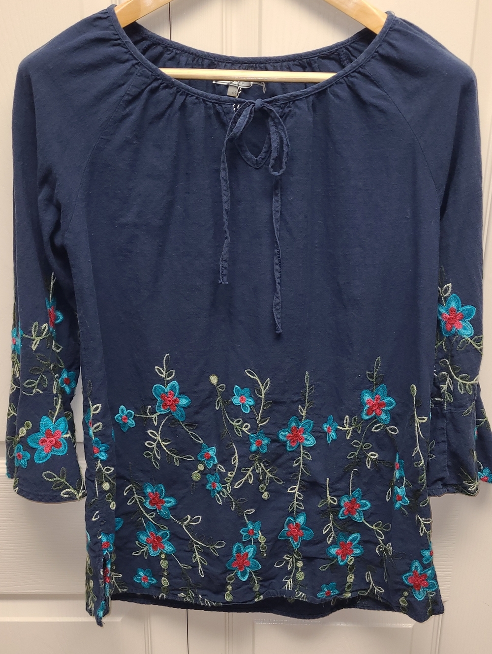 Navy Flowing Renfaire boho Floral Embroidered Peasant Tunic with bell sleeves